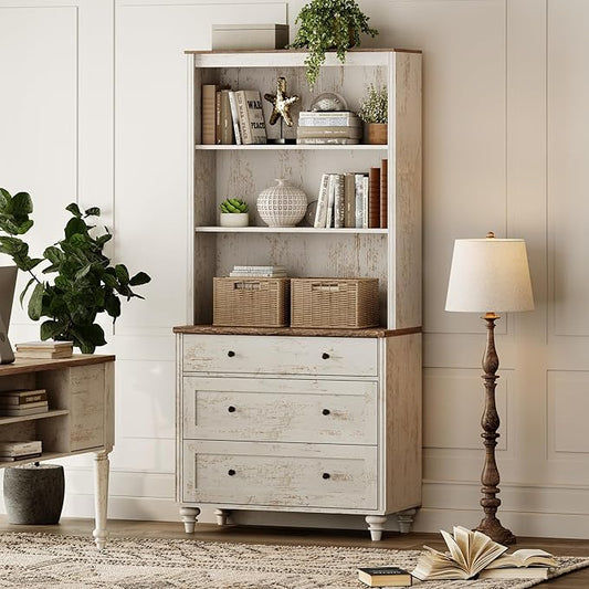 WAMPAT 3 Tier Bookshelf with 3 Drawers, 72" Tall Bookcase Large Farmhouse Display Book Case Shelf with 3-Tier Open Book Shelfs，Library Wood Bookshelves for Living Room,Kitchen, Rustic White