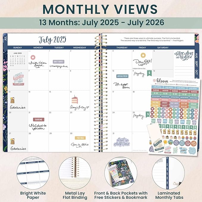 bloom daily planners 2025-2026 (8.5" x 11") Academic Year Day Planner (July 2025 - July 2026) - Weekly & Monthly Dated Agenda Organizer with Stickers & Tabs - Garden Party, Navy