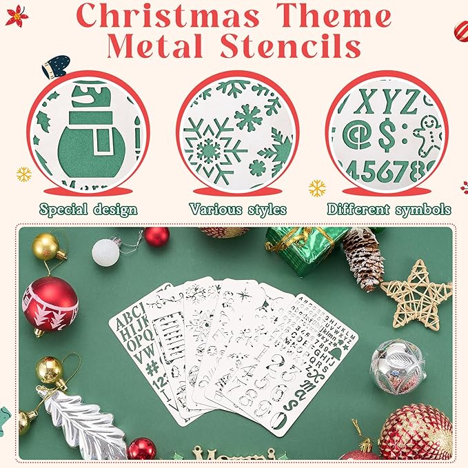 Lewtemi 6 Pcs Christmas Metal Stencils Engraving Stencils for Wood Burning Reusable Wood Burning Templates for Wooden Carving Drawing Engraving Scrapbook Journal Craft Holiday DIY (Christmas Style)