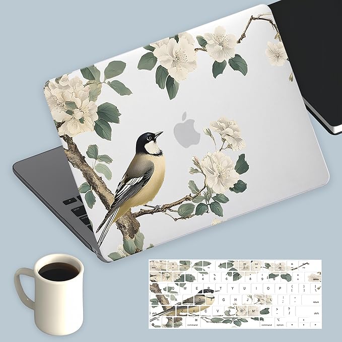 KEROM Bird Flower Case for MacBook Air 13 inch 2025 M4, 2024-2022 M3 M2 A3240 A3113 A2681, Cute Sleek Elegant Aesthetic Plastic Hard Shell & Keyboard Cover for MacBook Air 13.6 inch Case