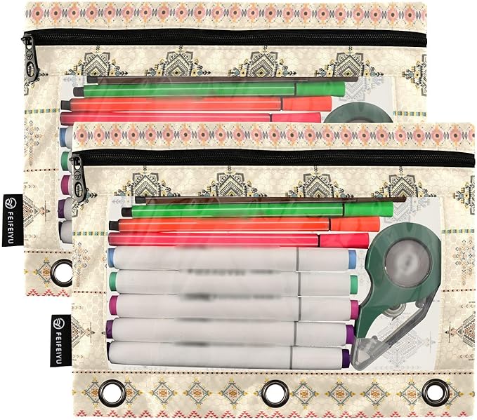 ZAZYXTJ Personalized Western Aztec Binder Pencil Pouchs 3 Ring with Zipper Clear Window Office Organizers bag for School Students Teacher Supplies 2 Pack