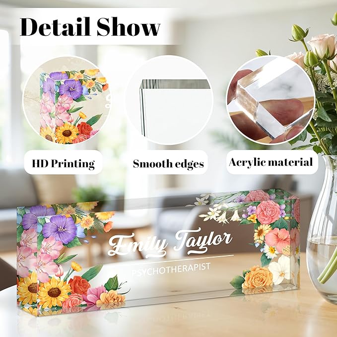 Ship Next Day Personalized Name Plate for Desk, Custom Acrylic Desk Name Sign, Office Appreciation Gifts for Women Men Coworkers Boss Teacher Employee (Flower)