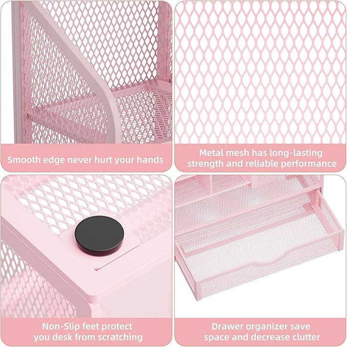 Marbrasse Mesh Desk Organizer with Drawer, Multi-Functional Pencil Organizer, 12 Compartments, Pink, Modern, Minimalist