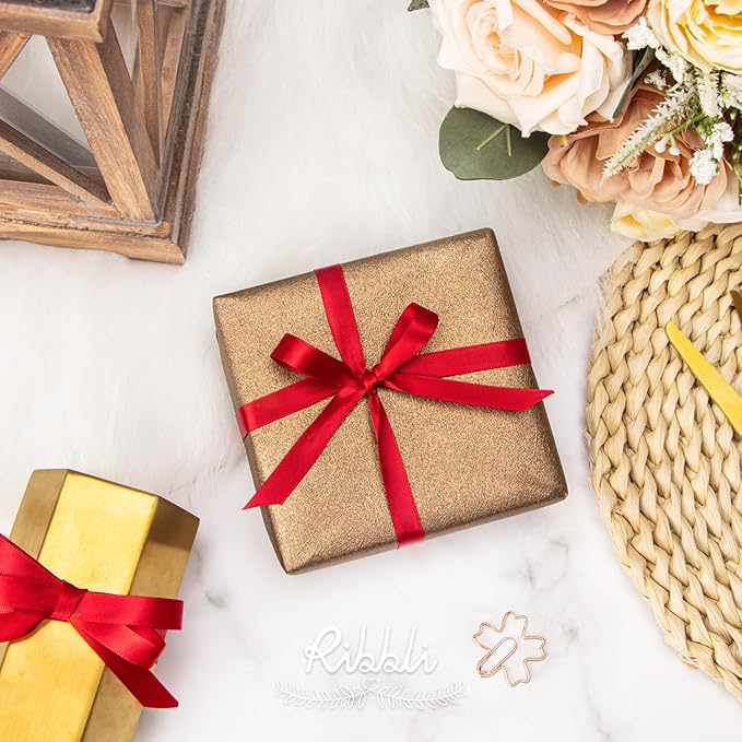 Ribbli Double Faced Red Satin Ribbon,3/8” x Continuous 25 Yards,Use for Bows Bouquet,Gift Wrapping,Floral Arrangement