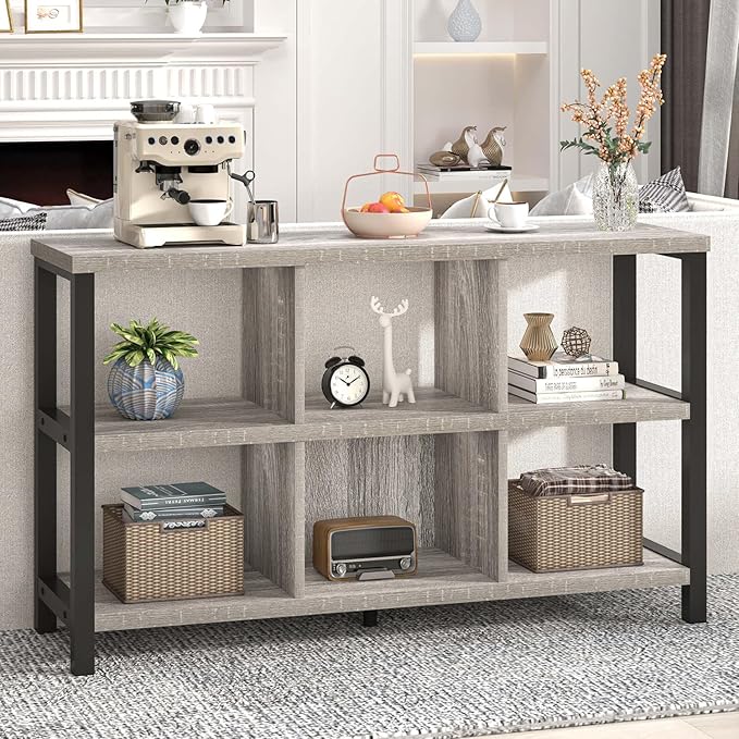 FOLUBAN 6 Cube Storage Organizer with Shelf, Industrial Horizontal Low Cubby Bookcase, Wood and Metal Bookshelf for Living Room Bedroom (Light Grey, 47 Inch)