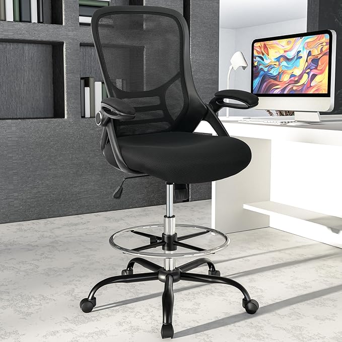 HYLONE Drafting Chair Tall Office Chair High-Back Mesh Standing Desk Stool with Adjustable Footrest Ring and Flip-Up Arms (Black)