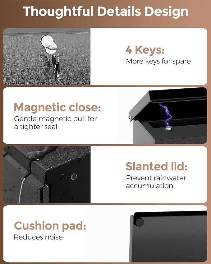 LAND·VOI Locking Wall-Mount Mailbox for Outside, with 4 Keys, Galvanized Steel Rustproof Metal Postbox, 4" Dx13.8 Wx11.2 H, Includes 3 Sets of Mailbox Numbers, Nameplate, Black, AMB33B