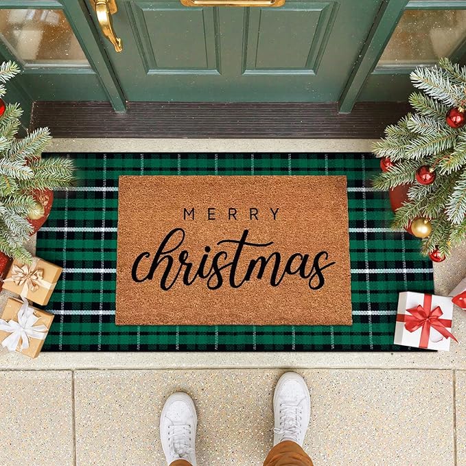 KIMODE Christmas Door Mats 24"x51", Buffalo Plaid Checkered Outdoor Rug Decor, Black and Green Reversible Farmhouse Front Porch Rug, Washable Cotton Woven Welcome Mats for Entryway Kitchen