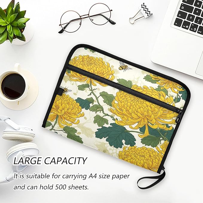 Bees and Fall Chrysanthemums Expanding File Organizer with 13 Pockets Accordion File Folders with Labels,Portable Document Paper Bill Receipt Organizer,Home College School Office Supplies, Lett