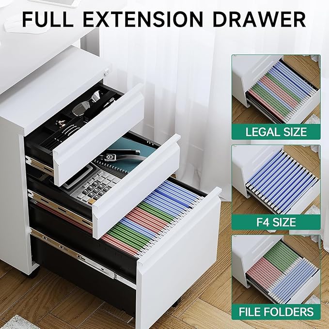 Letaya 3 Drawer Mobile File Cabinet with Lock, Under Desk Metal Rolling Filing Cabinets for Home Office Organizer Letters/Legal/A4 (White- Requires Installation) (White)