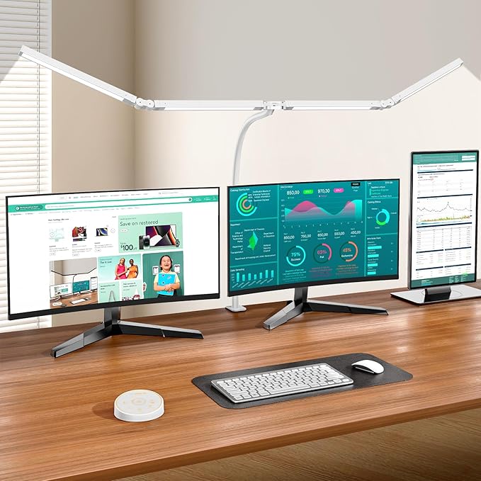 Led Desk Lamp with Clamp: Architect Desk Lamp for Home Office, Eye Caring Double Head Computer Monitor Gooseneck Desk Light with Remote Control - 24W Flexible Dimmable Desktop Table Lamp White
