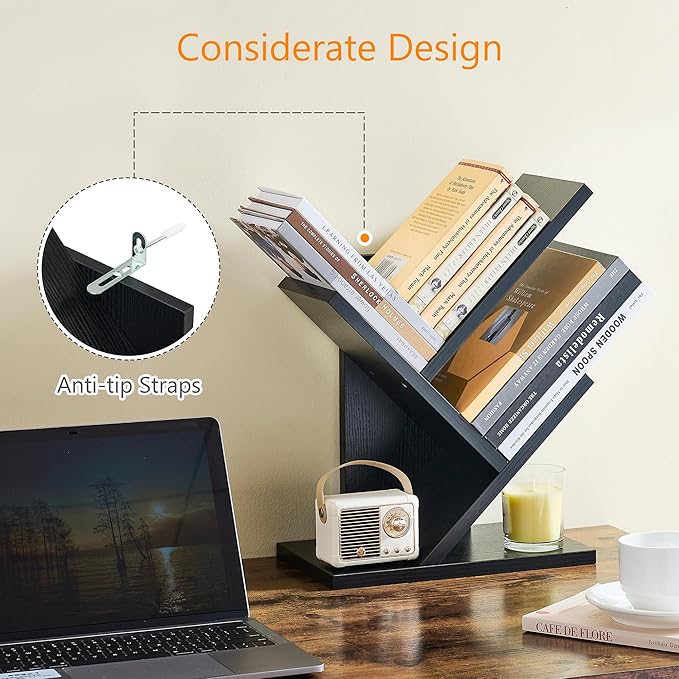 Tajsoon Tree Bookshelf 3 Tier Book Shelves Storage Organizer, Desktop Bookshelf Floor Standing Bookcase Display for CDs/Magazine/Books, Small Bookshelf for Bedroom, Living Room&Office, Black