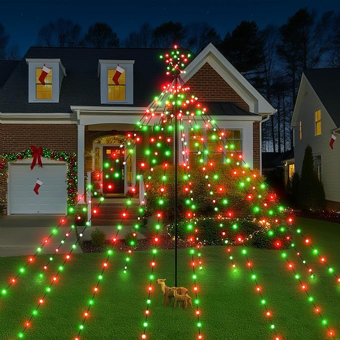 Christmas Lights Tree 340LED with Topper Star, IP67 Waterproof Remote Control Waterfall Lights with Pole, 16 Modes 3 Timers Dimmable Christmas Decorations for Outdoor Yard (Red&Green)