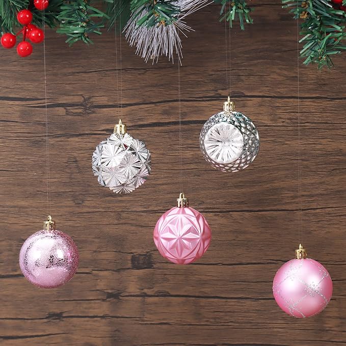 100ct Pink and Silver Christmas Ornaments Set, Shatterproof Christmas Decorations for Tree Plastic Xmas Ball Ornaments with Assortment of Designs and Size for Holiday Party Decor (Pink & Silver)