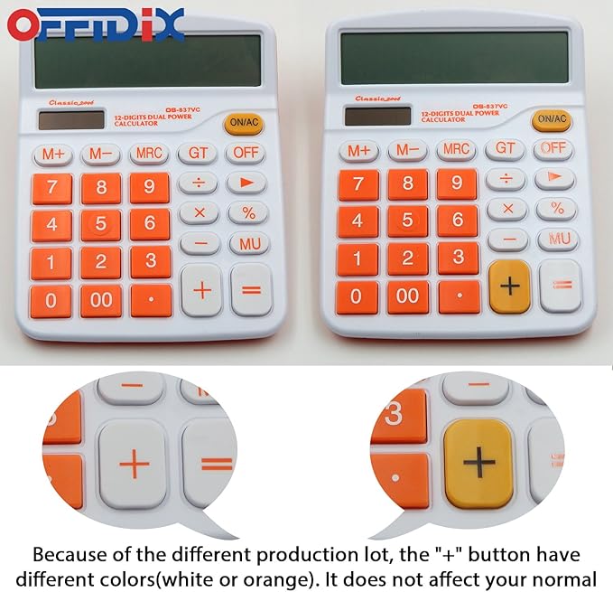 OFFIDIX Office Desktop Calculator, Solar and Battery Dual Power Electronic Calculator Portable 12 Digit Large LCD Display Calculator, Orange