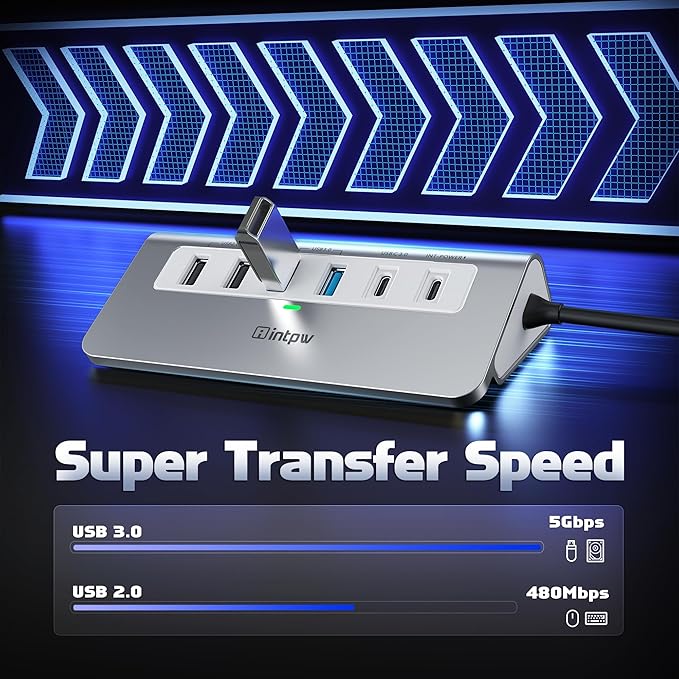 USB C Hub, INTPW 9-in-1 USB C Hub Multiport Adapter with 4K HDMI, PD 100W, Type-C and 2 USB A 3.0 5Gbps, 2 USB A 2.0, SD/TF Card Reader, Aluminum USB Hub for Laptop, iPhone 16/15 Series, MacBook, iPad