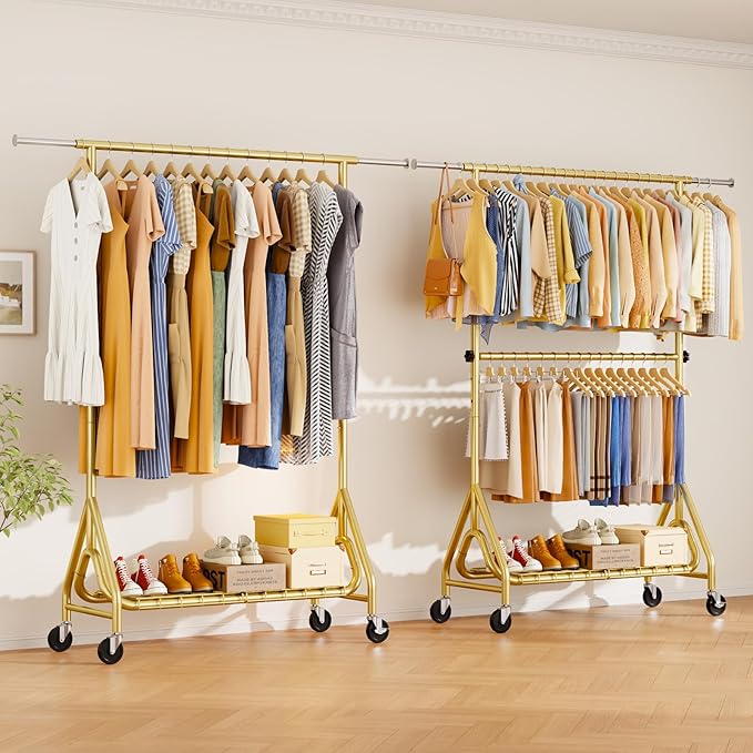 Double Rods Clothing Rack, Heavy Duty Clothes Rack for Hanging Clothes Load 560LBS, Metal Rolling Garment Racks with Wheels, Freestanding Clothes Hanging Racks, Gold