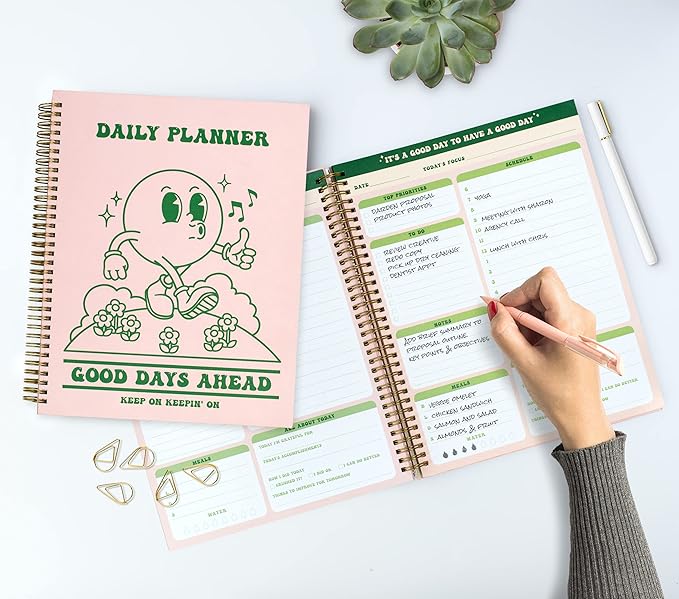 To Do List Cute Planner Undated Notebook, A4 Large Hardcover Spiral Schedule Retro Notebook, Aesthetic Daily for Students Girls Teens , Pink, Green (8.5x11)