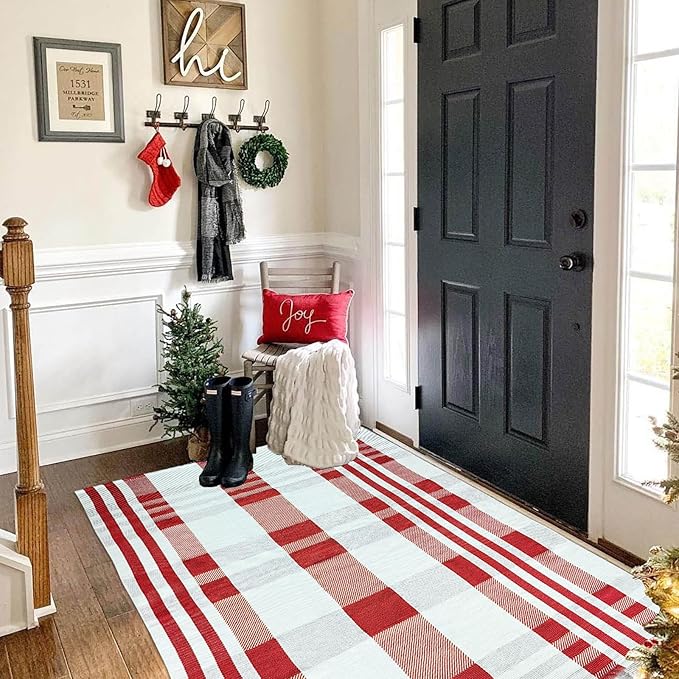 Christmas Plaid Outdoor Rug, 3' x 5' Red&White Check Indoor/Outdoor Area Rug, Layering Rug for Hello/Welcome Door Mat, Machine Washable Cotton Woven Rug for Farmhouse Front Porch, Entryway