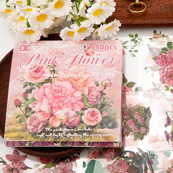 Pink Flower Theme Sticker Scrapbooking Supplies for Junk Journal 50 Sheets, Include 25 PET Stickers and 25 Paper of Scene Material Paper - Vintage Journaling Stickers (TZ-006-005)
