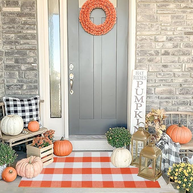 Buffalo Plaid Outdoor Rugs, 2'x4'3'' Orange and White Checkered Indoor/Outdoor Area Rug, Layering Rug for Hello/Welcome Door Mat, Washable Cotton Woven Farmhouse Mat for Fall Front Porch Décor