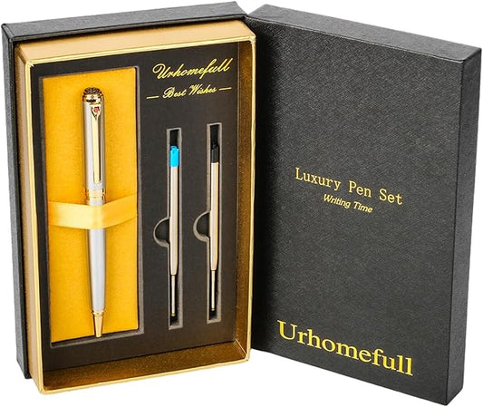 Luxury Ballpoint Pen with 24K Gold Trim, Switzerland Tip Point with Black Ink Refills, Fancy Ball Point Pen Gift Set for Men Women, Nice Writing Pens for Chirtmas,Silver