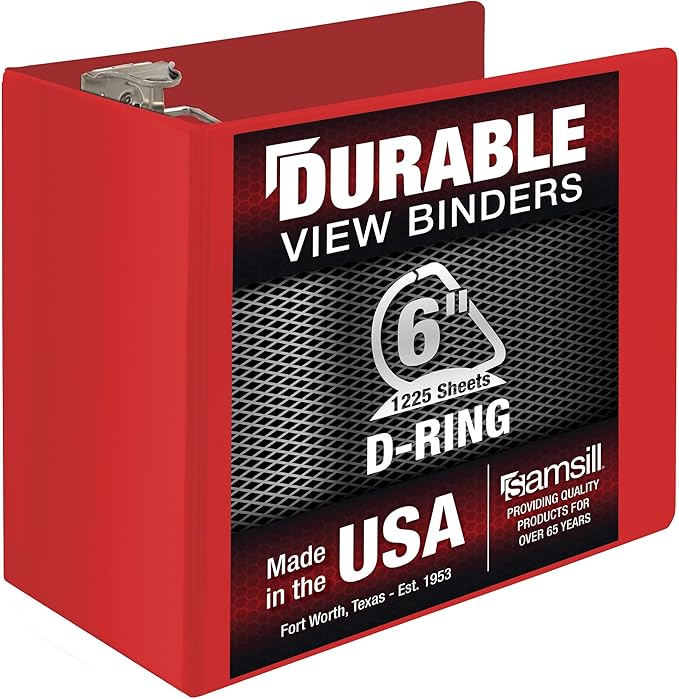 Samsill Durable 6 Inch Binder, Made in The USA, Locking D Ring Binder, Customizable Clear View Cover, Ruby Red, Holds 1225 Pages