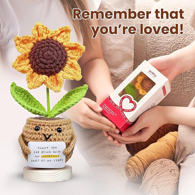 Gossby Handmade Positive Sunflower Doll Crochet Plant - Appreciation Thank You for Being an Important Part Gift for Coworker, Sister Friend, Teacher - Mothers Day, Christmas, Birthday Gift Women, Men