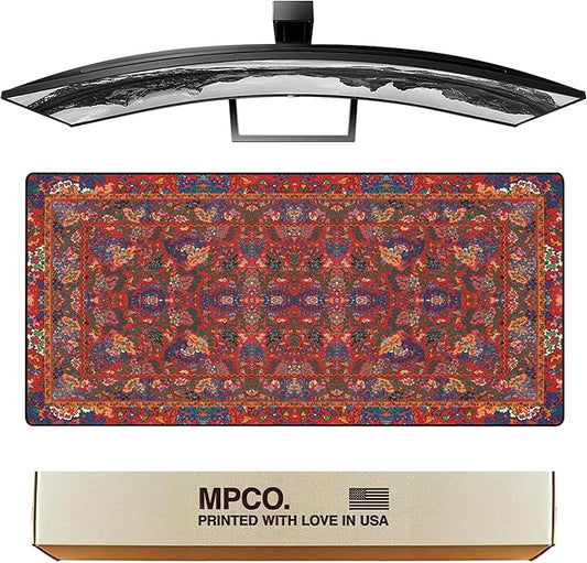 MPCO. Arabic Textiles Large Gaming Desk Pad - 36" x 17" Duraglyde Fabric Cobalt-and-Clover Desk Mats - Non-Slip, Washable, Smooth Glide for Precision Gaming & Work