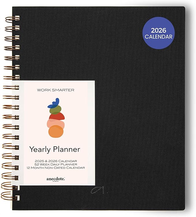 Anecdote Planner 2026 (8.5" x 10") Spiral Notebook - 2026 Daily Planner Weekly and Monthly - Features a Library Buckram Cover, Brass and A4 Size Bleed-Resistant Paper - Organize All 52 Weeks. Start Anytime – Black