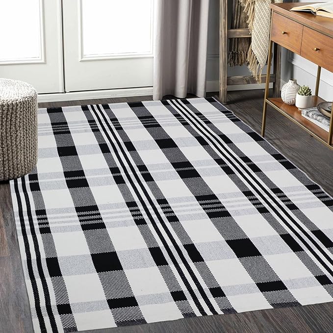 Fall Décor Plaid Rug, 4' x 6' Black&White Check Indoor/Outdoor Area Rug, Layering Rug for Hello/Welcome Door Mat, Machine Washable Cotton Woven Rugs for Farmhouse Front Porch, Entryway
