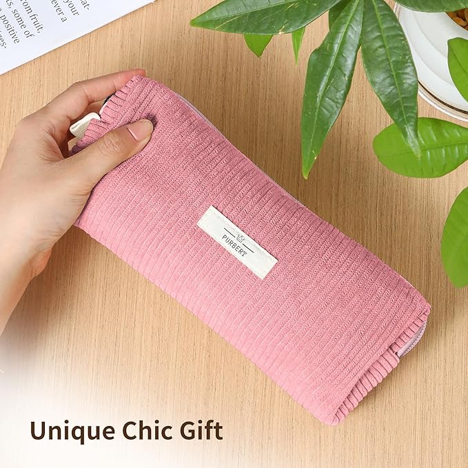 Pencil Bag Pen Case, Soft Corduroy Small Pencil Pouch Organizer with Zipper, Cute Pencil Case Pouch Stationery for Girls and Boys – Pink