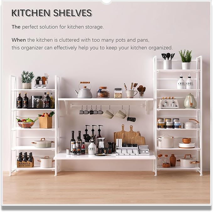 4NM No Assembly Folding Bookshelf, 6-Shelf 74" H Collapsible Foldable Bookcase Storage for Small Spaces, All White