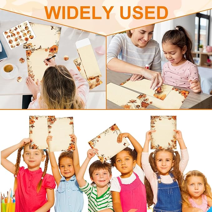 250Pcs Fall Thanksgiving Stationery Paper and Envelope Set with 100 Letterhead Papers and 50 Envelopes, 10 Design for Letter Writing Invitations Computer Holidays Party Notes, 8.5x11 Inch-Leaf