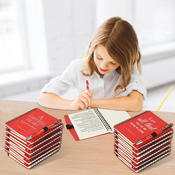 INSADA Christian Prayer Journal Spiral Red Notebooks Bulk with Pens- Small Notepads (4.13”x5.43”) - Christmas Gifts for women, Church Members & Bible Study Groups (30 Sets Red)