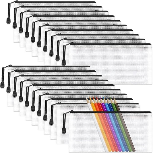 Umriox Clear Pencil Pouch, 9.2 x 4.7 in (Black, 20 Packs), A6 Pencil Bags with Zipper Bulk, Mesh Zipper Pouch for Bill Stationary Cosmetics Travel Storage