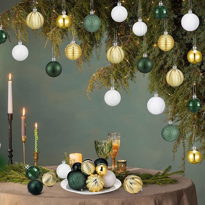 64 Pcs Christmas Ball Ornaments Bulk Emerald Green Gold White Christmas Tree Decorations 1.6/1.97/2.4 Inch Shatterproof Glitter Xmas Baubles Assorted Xmas Bulbs Ornaments for Tree Home Decor