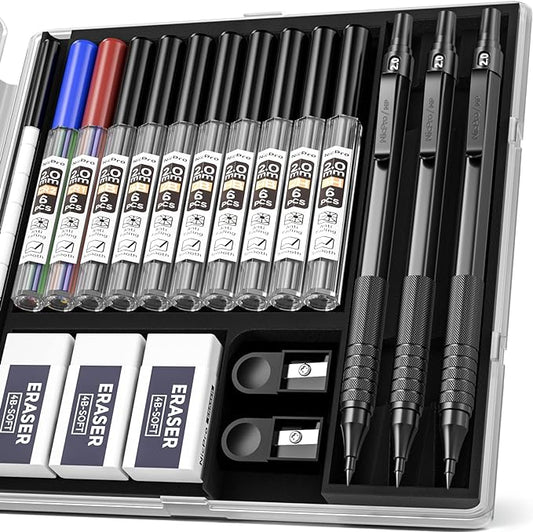Nicpro Black Metal 2.0 Mechanical Pencil Set with Case, 3 PCS Drafting Lead Holder with 2mm Graphite Lead Refill (HB 2H 4H 2B 4B) & Colors, Sharpeners, Erasers for Artist Writing, Drawing, Sketching