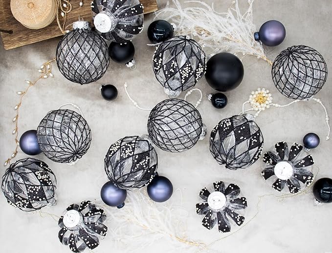 12 PCS Clear and Black Christmas Ball Ornaments, 80mm/3.15 Inches Rustic Farmhouse Christmas Decorations, Large Shatterproof Luxury Hand-Painted Xmas Ornaments for Christmas Tree, Wedding