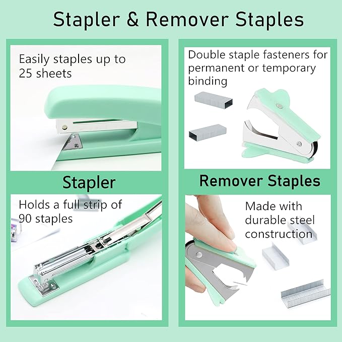 Green Office Supplies, Purple Desk Accessories, Stapler, Staple Remover, Tape Holder, Pen Holder, Ballpoint Pen, Scissor, Binder Clips, Paper Clips and 1000pcs Staples.