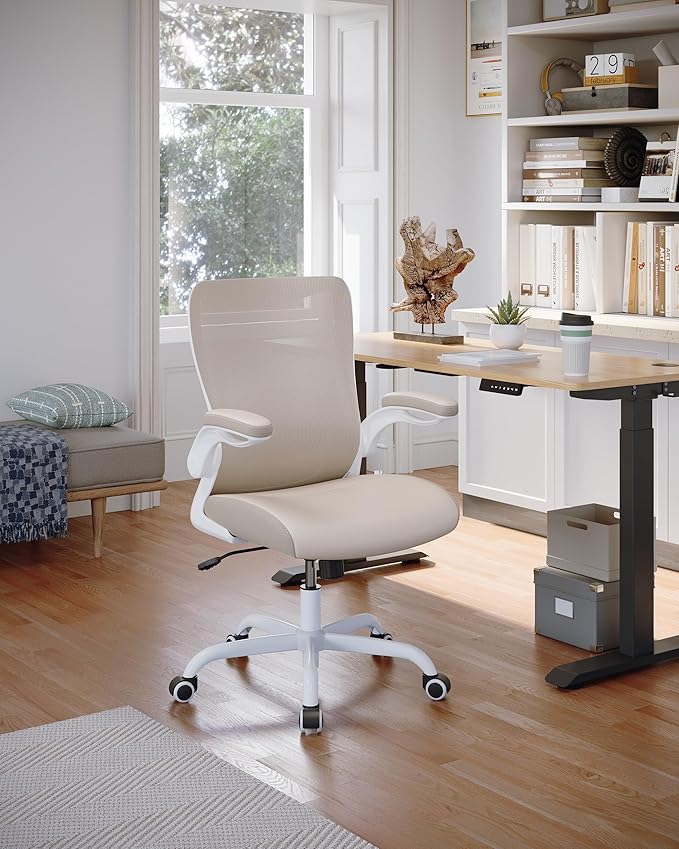 Office Chair, PU Leather Ergonomic Desk Chair with Adjustable Lumbar Support and Flip up Armrest, Breathable Mesh Computer Chair for Home Office, Khaki
