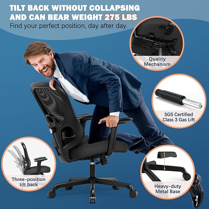ELABEST Ergonomic Office Chair,Home Desk Chair with Mesh Back,Adjustable Lumbar Support,Built-in Springs Wide Seat,Executive Task Chair with 3-D Big Armrests,Tilt Function,Computer Desk Chair