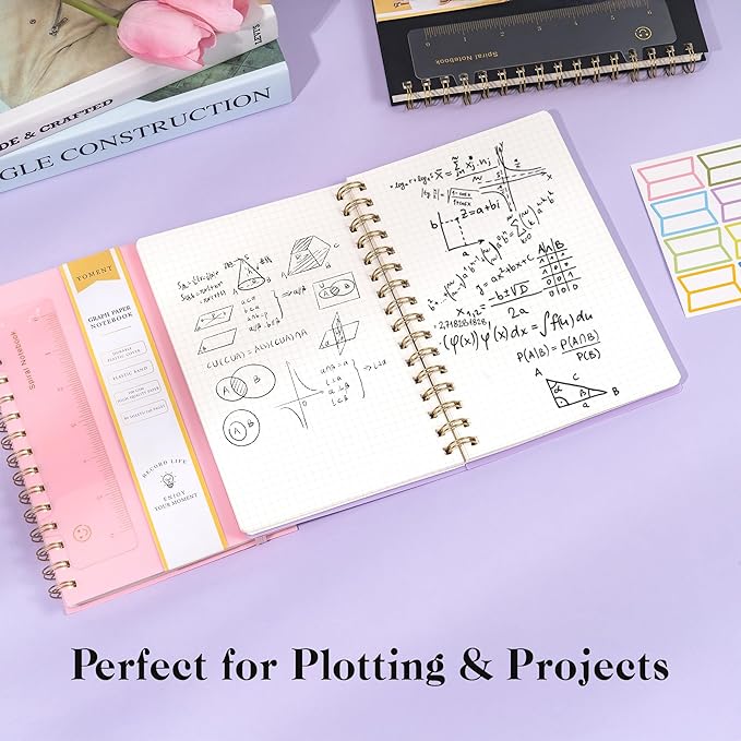 Yoment Graph Paper Spiral Notebook A5 Graphing Notebook 160 Pages Graph Paper Notebook Spiral Bound Waterproof Plastic Hardcover Spiral Journal 5x7 Grid Notebooks for Note Taking,Purple