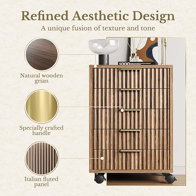 5 Drawer Chest, Under Desk Storage Wood Drawers with Wheels, Fluted File Cabinet for Home Office, Black Walnut