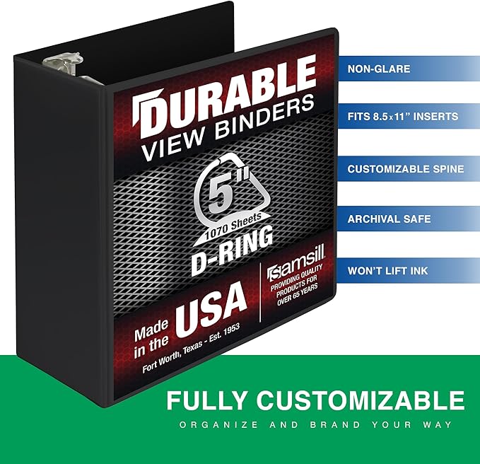 Samsill Durable 5 Inch Binder, Made in The USA, D Ring Binder, Customizable Clear View Cover, Charcoal Black, Holds 1050 Pages