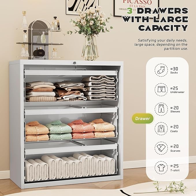 Superday Lateral File Cabinet 3 Drawer Metal File Cabinet with Lock, White Filing Cabinets for Home Office, Locking Filing Cabinets Hanging Files Letter/Legal/F4/A4