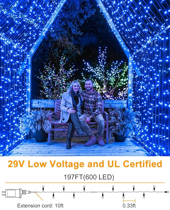 197FT 600 LED Christmas Lights Outdoor, Plug in Christmas Tree Lights 8 Modes, Waterproof String Twinkle Lights for Indoor House Patio Garden Party Wedding Holiday Decorations, Blue