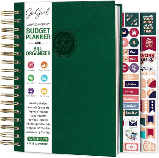 GoGirl Budget Planner & Monthly Bill Organizer – Monthly Financial Book with Pockets. Expense Tracker Notebook Journal, Compact (Dark Green)
