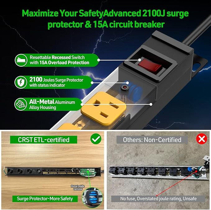 CRST 8 Outlet Metal Heavy Duty Power Strip, 2100 Joules Mountable Surge Protector Power Strip, Slim Power Bar with 6ft 14AWG Cord, ETL Listed