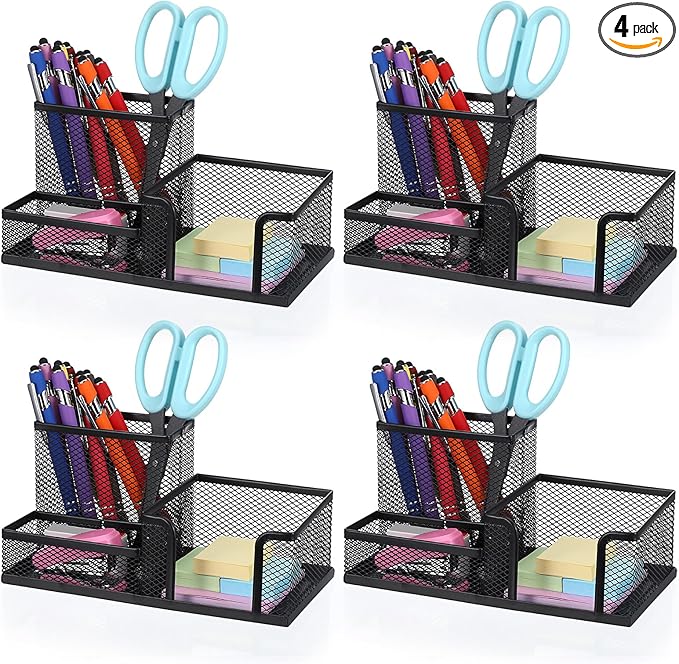 Mesh Pen Pencil Holder Note Holders Desk Organizer, 3 Compartment Wire Desktop Pen Pencil Cup Caddy Office Supplies Accessories for Home Office School, Black(4 Pack)